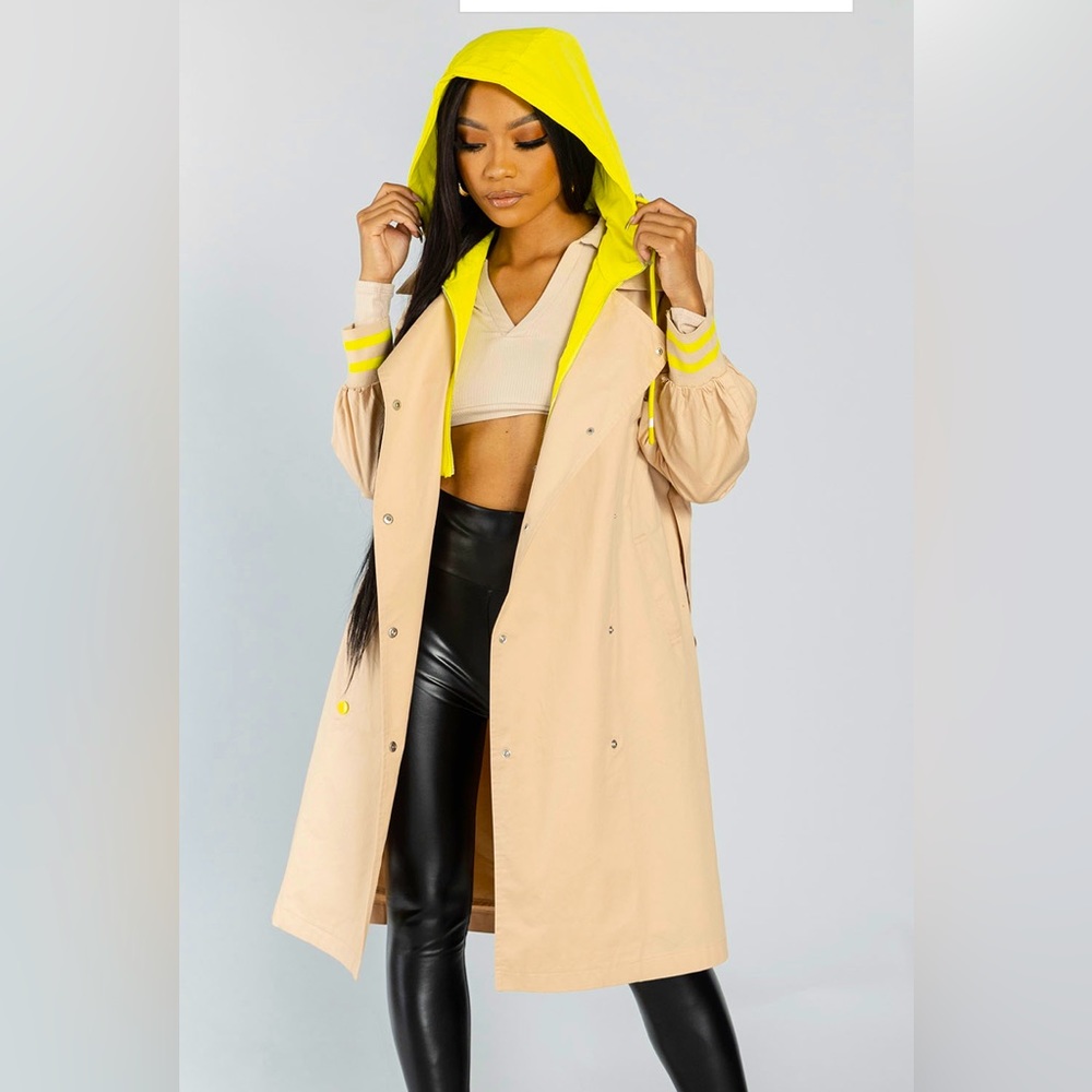 Highlighter yellow hooded Trench coat in Black and Tan S M L